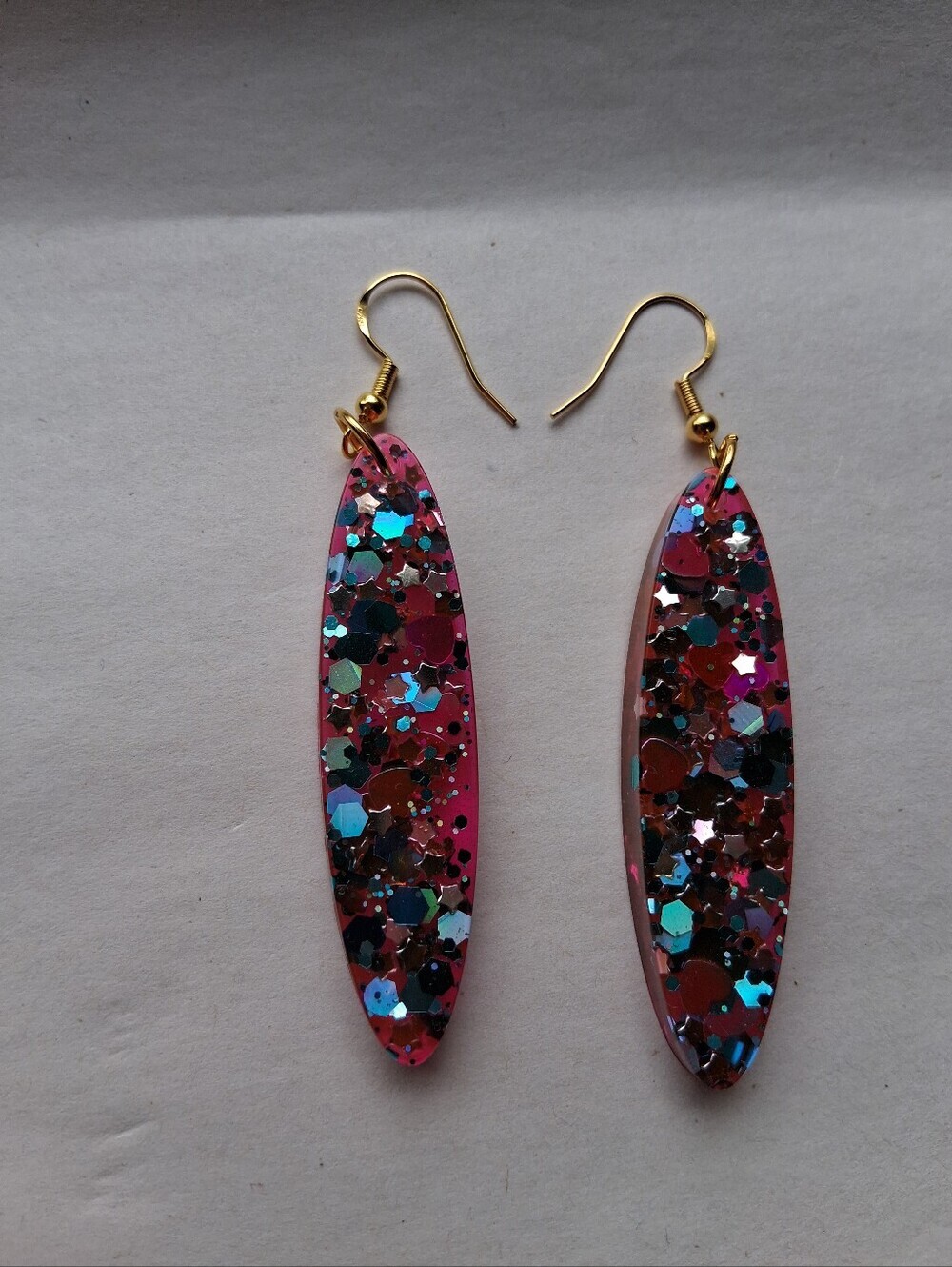 Hand Crafted Pink Glitter Resin Dangle Earrings with Gold Hooks